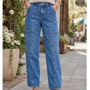 BP Womens Carpenter Jeans‎ Medium Wash Blue Utility Straight Leg Size 28 ankle
